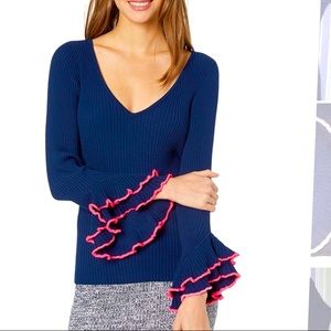 MILLY Contrast Ruffle Sleeve Sweater
